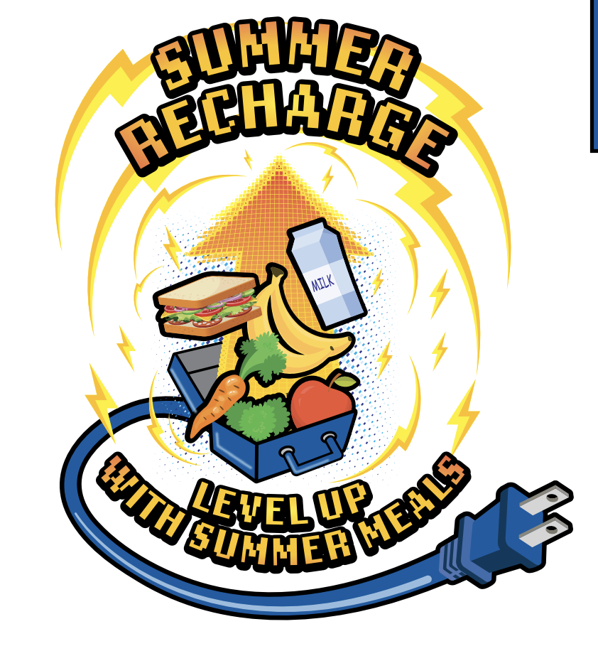 clipart of different school lunch food like sandwiches, milk carton, and fruit with the text, "Summer Recharge, level up with summer meals."