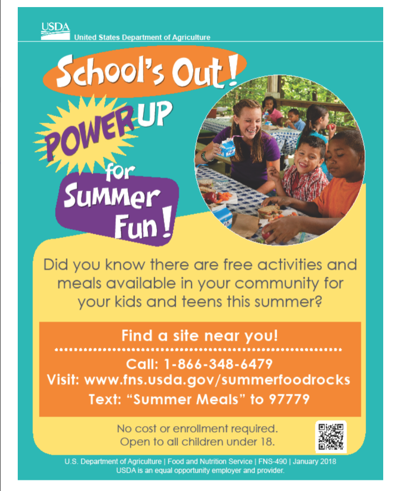 Did you know that there are free activities and meals available in our community for our kids and teens this summer? You can find a site near you by calling 1-866-348-6479 or visiting https://www.fns.usda.gov/meals4kids. You can also text "Summer Meals" to 97779. No cost or enrollment is required, and this is open to all children under 18.