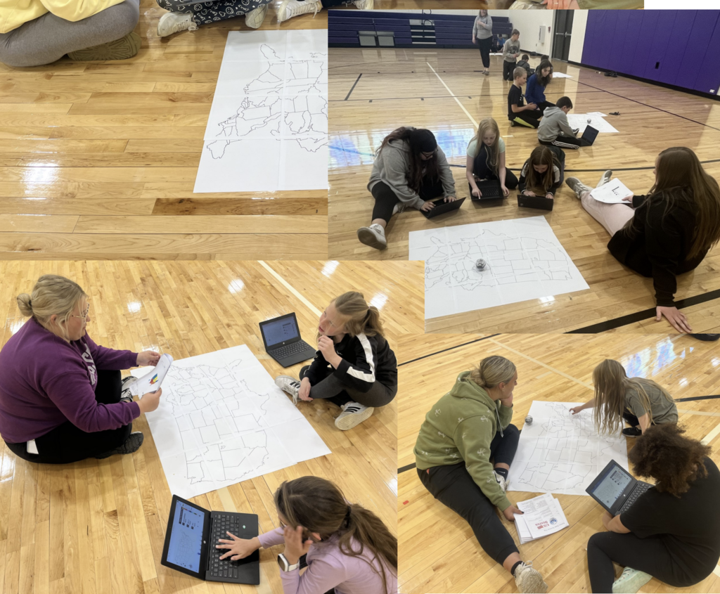 Collage of high schoolers and elementary students working on maps of the u.s.a. and on their laptops on the gym floor